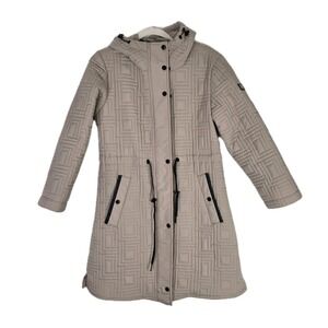 Karl Lagerfeld Womens Winter Cream Puffer Hooded Coat Size Small Black Trim